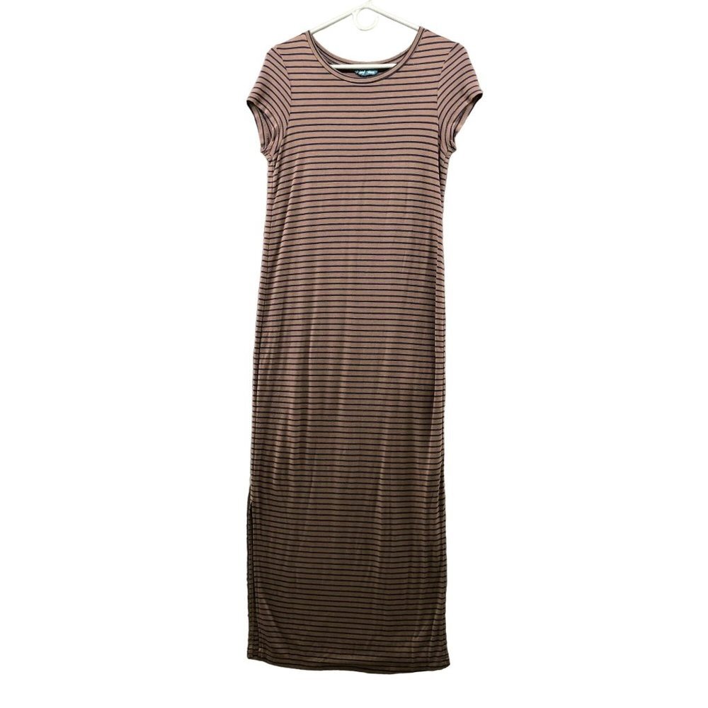 Fleur Bleue Womens Maxi T Shirt‎ Dress XS Jersey Knit Brown Striped Split Side